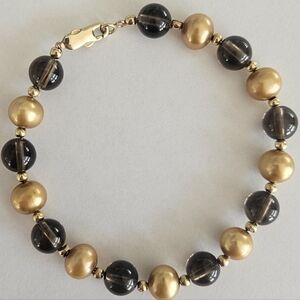 Vintage Designer 14k Yellow Gold South Sea Golden Pearl Smokey Quartz Bracelet